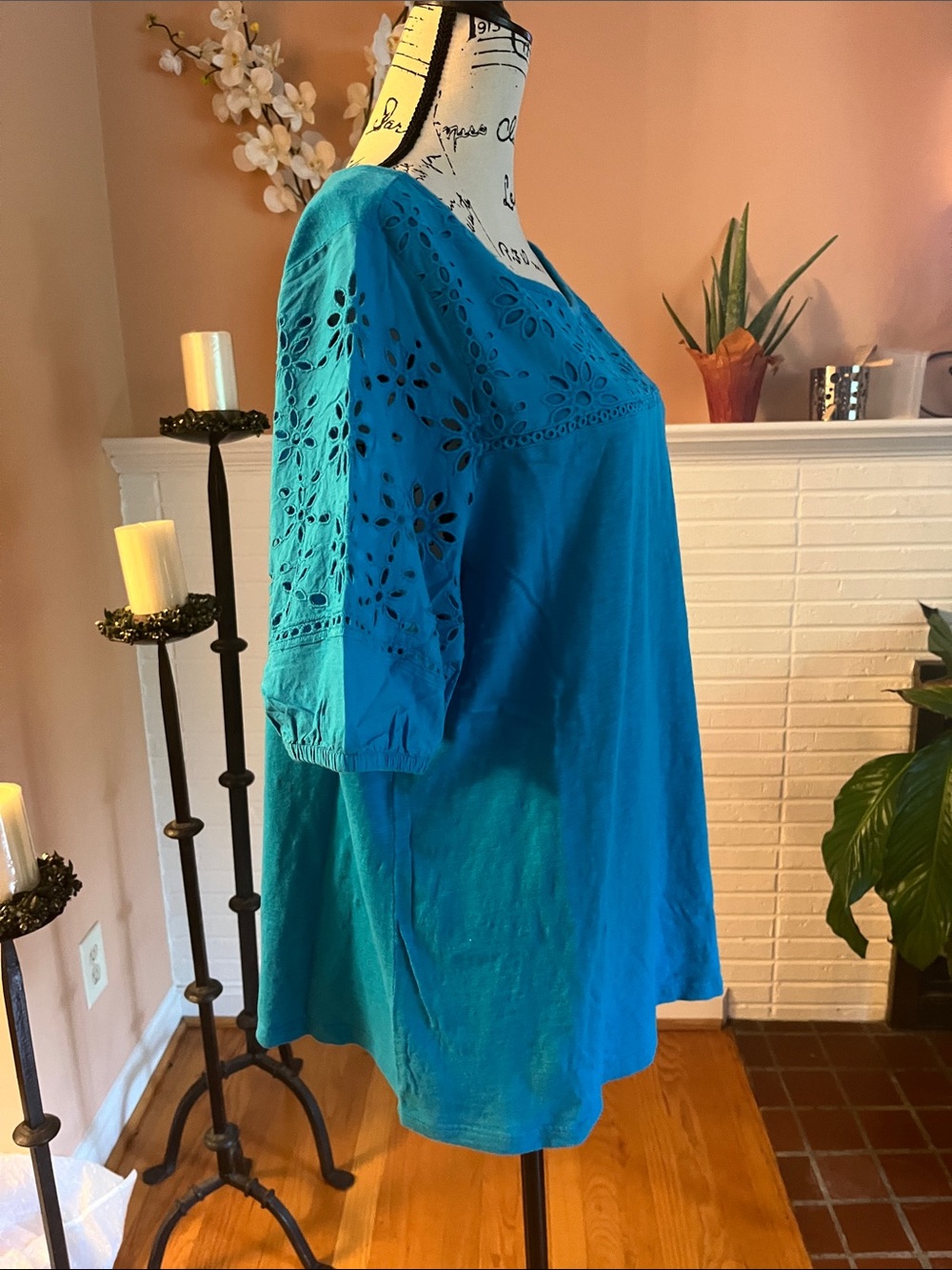 Talbots Teal Eyelet Scoop Neck Tee Shirt - Picture 3 of 6